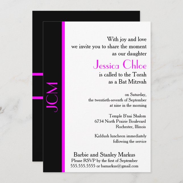 Monogram Rosa Black Bat mitzvah Inbjudningar (Fram/baksida)