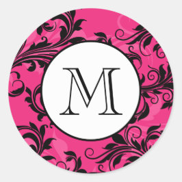 Monogram Rosa Black Ornate Scrolls Sticker Bröllop Runt Klistermärke