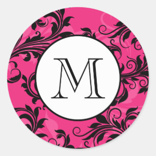 Monogram Rosa Black Ornate Scrolls Sticker Bröllop Runt Klistermärke