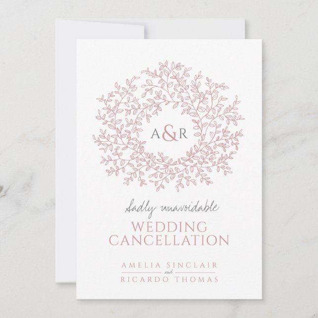 Monogram rosa blad på vit vigselavbokning meddelande (Framsida)