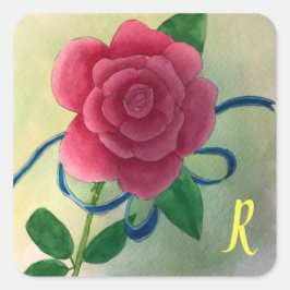 Monogram Rosa Blått Band Vattenfärgdekaler Fyrkantigt Klistermärke