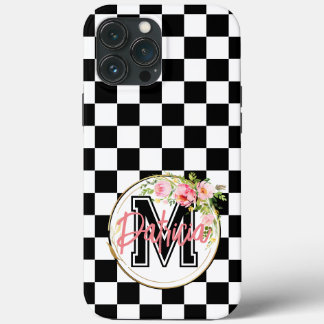 Monogram rosa blomma svart och vit Rutig