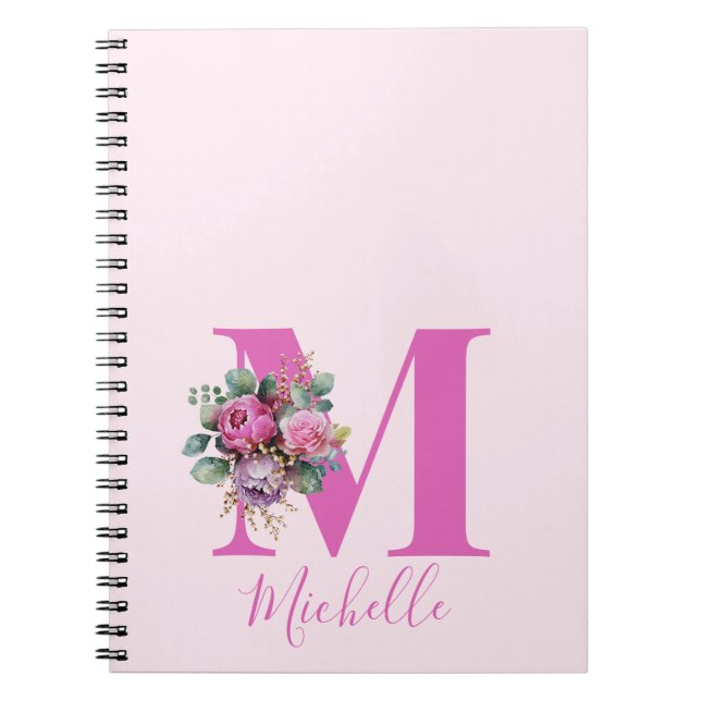 Monogram Rosa Blommig Akvarell Initial Namn Anteckningsbok (Framsidan)