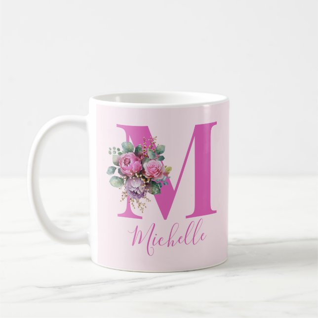 Monogram Rosa Blommig Akvarell Initial Namn Kaffemugg (Vänster)