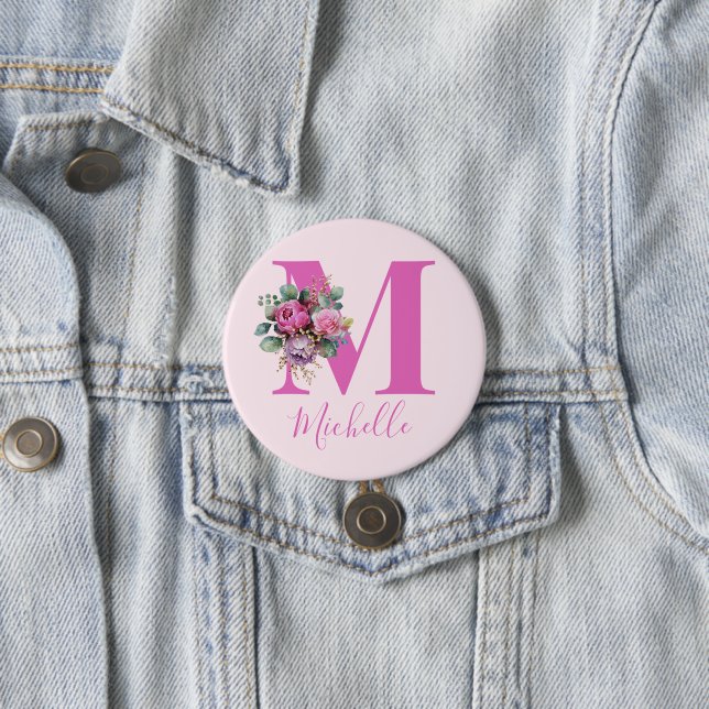 Monogram Rosa Blommig Akvarell Initial Namn Knapp (In Situ)