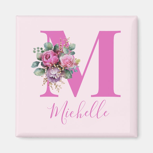 Monogram Rosa Blommig Akvarell Initial Namn Magnet (Framsidan)