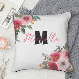 Monogram Rosa Blommig Akvarell Romantisk Kudde