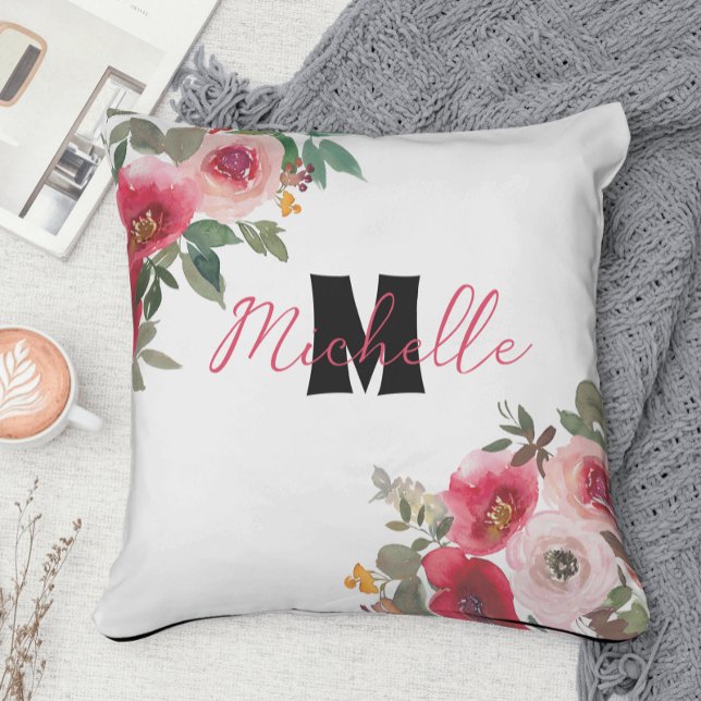 Monogram Rosa Blommig Akvarell Romantisk  Kudde (Skapare uppladdad)