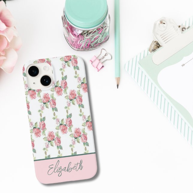 Monogram Rosa Blommig Grönska Blommor (Monogrammed Name Pink Roses Greenery iPhone case)