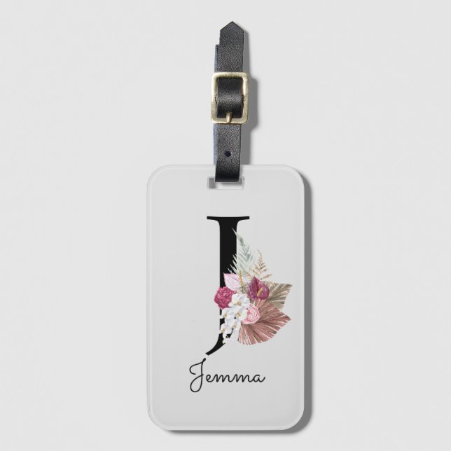 Monogram Rosa Blommig Initial J Bagagebricka (Framsida vertikal)