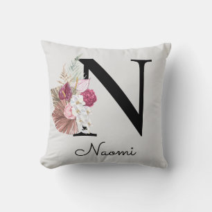 Monogram Rosa Blommig Initial N Kudde