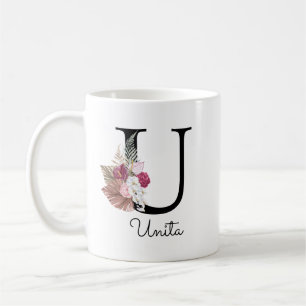 Monogram rosa blommig initial U Kaffemugg