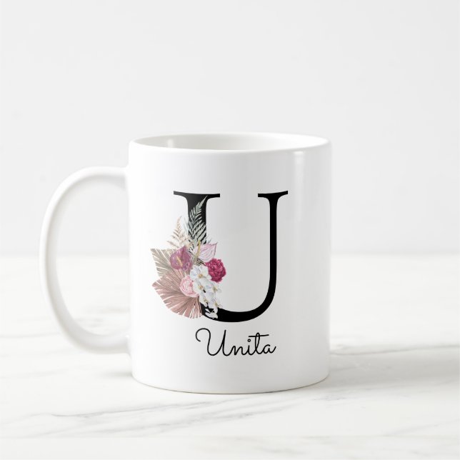 Monogram Rosa Blommig Initial U Kaffemugg (Vänster)