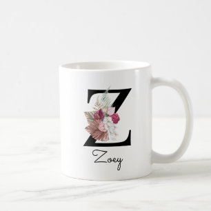 Monogram Rosa Blommig Initial W Kaffe Z Kaffemugg
