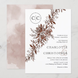 Monogram  rosa, blommigt bröllop inbjudningar