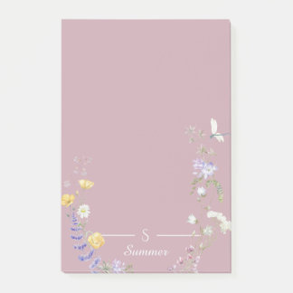 Monogram Rosa Blommigt Butterfly Botaniskt skydd Post-it Block