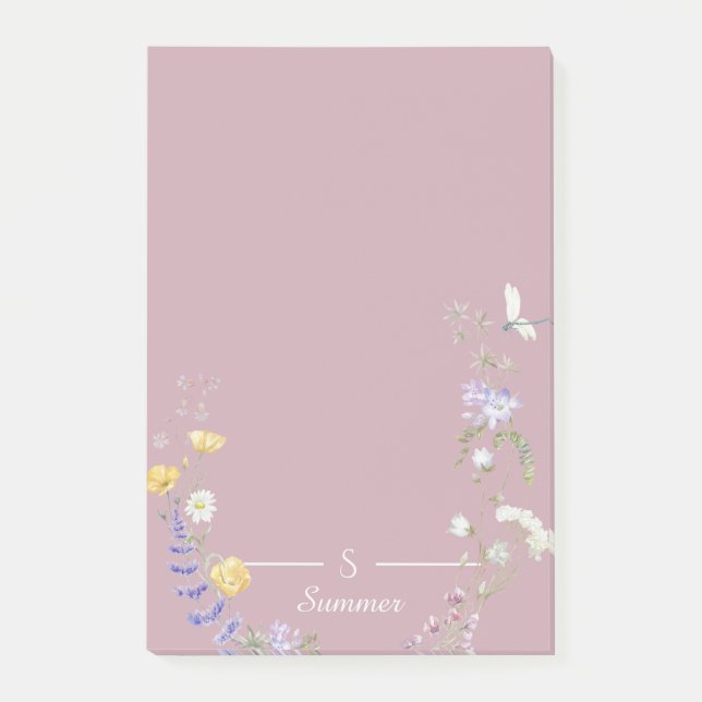 Monogram Rosa Blommigt Butterfly Botaniskt skydd Post-it Block (Framsida)