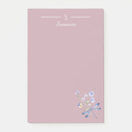 Monogram Rosa Blommigt Dragonfly Botaniskt skydd Post-it Block