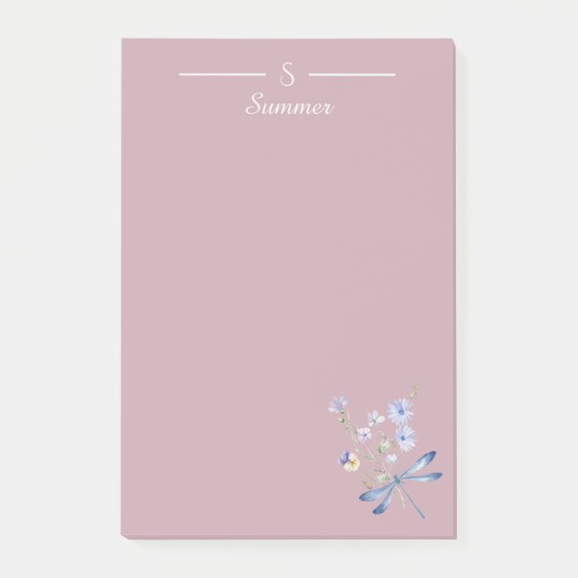 Monogram Rosa Blommigt Dragonfly Botaniskt skydd Post-it Block (Framsida)