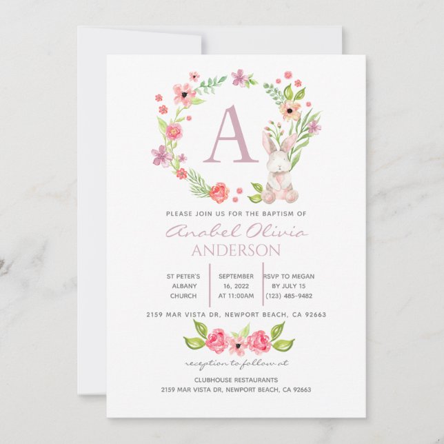 Monogram Rosa Blommigt Greenery Baptism Girl Inbjudningar (Framsida)