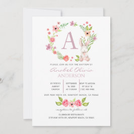 Monogram Rosa Blommigt Greenery Baptism Girl Inbjudningar