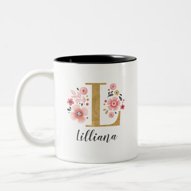 Monogram Rosa Blommigt Initial Brev L Två-Tonad Mugg (Vänster)