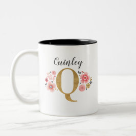 Monogram Rosa Blommigt Initial Brev Q Två-Tonad Mugg