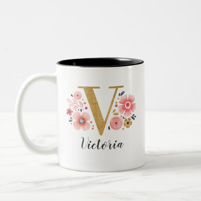 Monogram Rosa Blommigt Initial Brev V Två-Tonad Mugg (Vänster)