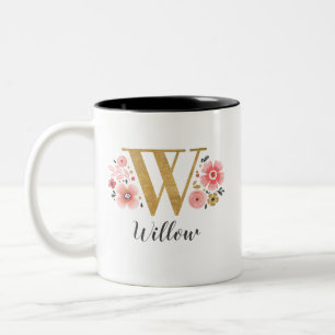 Monogram Rosa Blommigt Initial Brev W Två-Tonad Mugg