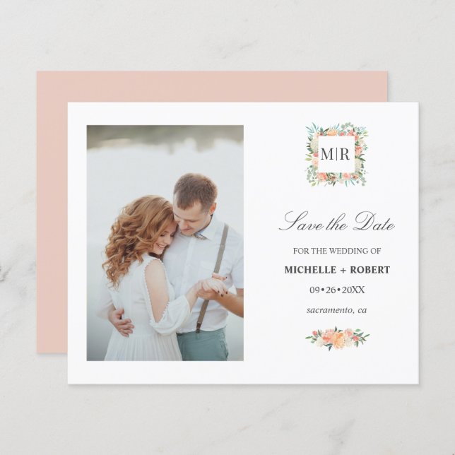 Monogram Rosa Blommigt Photo Bröllop spara datum (Fram/baksida)