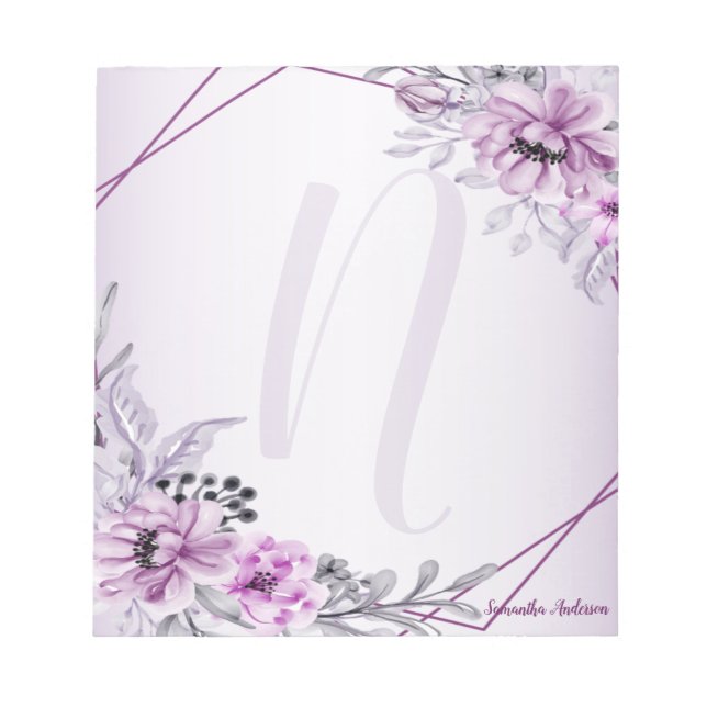 Monogram Rosa Blommigt Violet Lila Ram Modern Anteckningsblock (Framsida)