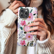 Monogram Rosa blommönster iPhone-fodral