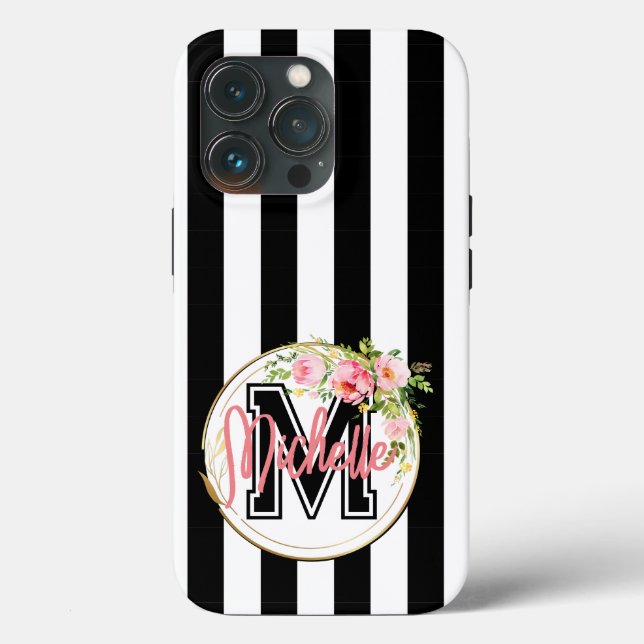 Monogram rosa blommor med svartvitt, strimlad (Baksida )