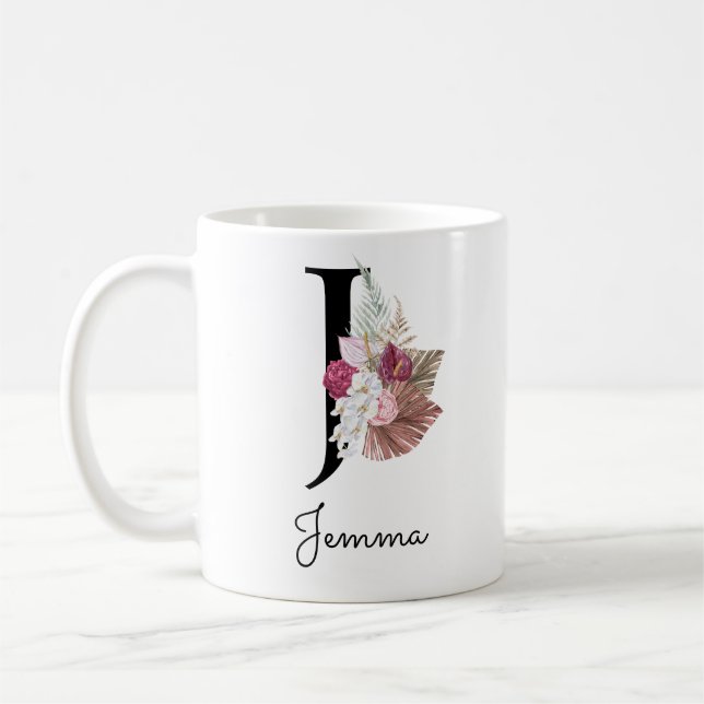 Monogram rosa blomstergavott Initial J Kaffemugg (Vänster)
