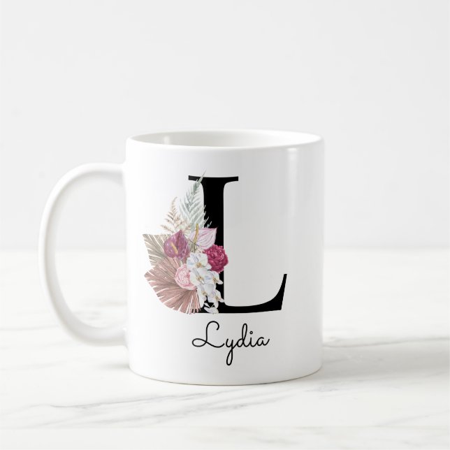 Monogram rosa blomstermönster initial L Kaffemugg (Vänster)