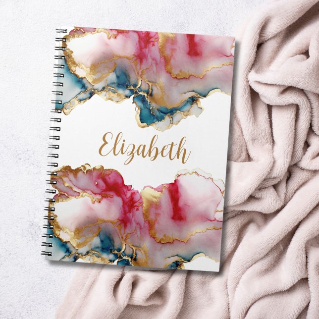 Monogram Rosa Blue Guld Tvättar Abstrakten Vattenf Anteckningsbok (Monogram name pink red gold blue alcohol ink watercolor notebook journal)