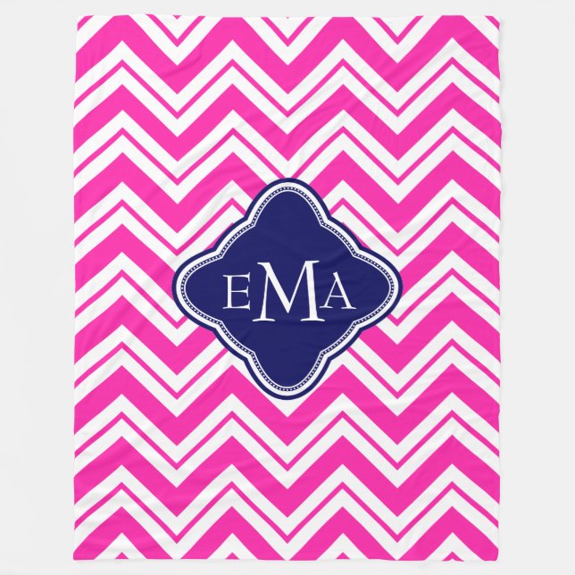 Monogram Rosa Blue och White Zigzag Chevron 2 Fleecefilt (Framsidan)