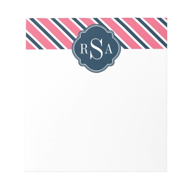 Monogram Rosa Blue White Rand Mönster Anteckningsblock (Framsida)