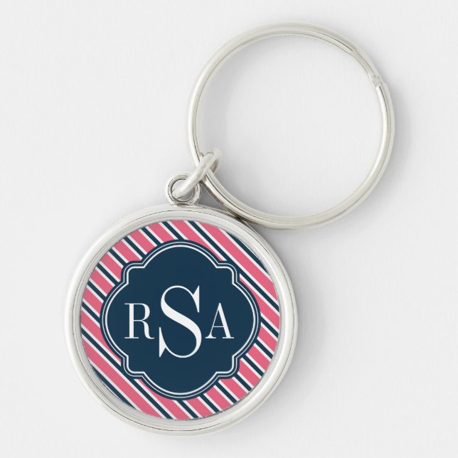 Monogram Rosa Blue White Rand Mönster Rund Silverfärgad Nyckelring (Framsidan)