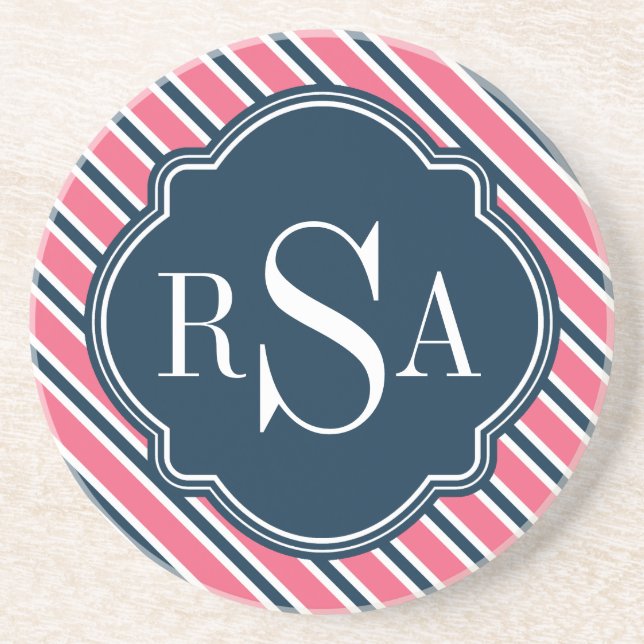 Monogram Rosa Blue White Rand Mönster Underlägg Sandsten (Framsidan)