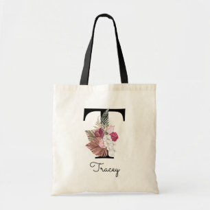 Monogram Rosa Boho Blommig Initial T Toteväska Tygkasse