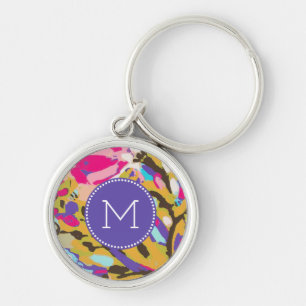 Monogram Rosa Boho Blommigt I Rund Silverfärgad Nyckelring