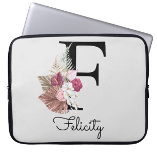 Monogram Rosa Boho Blommigt Initial F Laptop Fodral