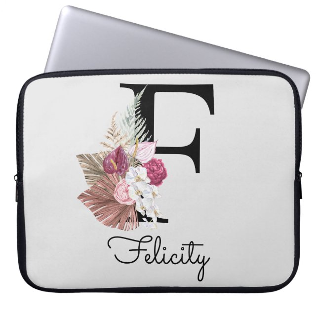 Monogram Rosa Boho Blommigt Initial F Laptop Fodral (Framsidan)