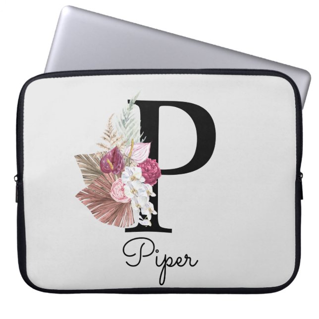 Monogram Rosa Boho Blommigt Initial P Laptop Fodral (Framsidan)