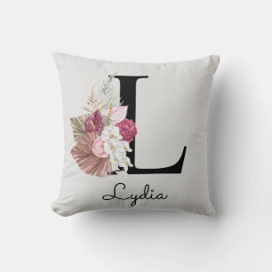 Monogram rosa boho blomstermönster initial L Kudde