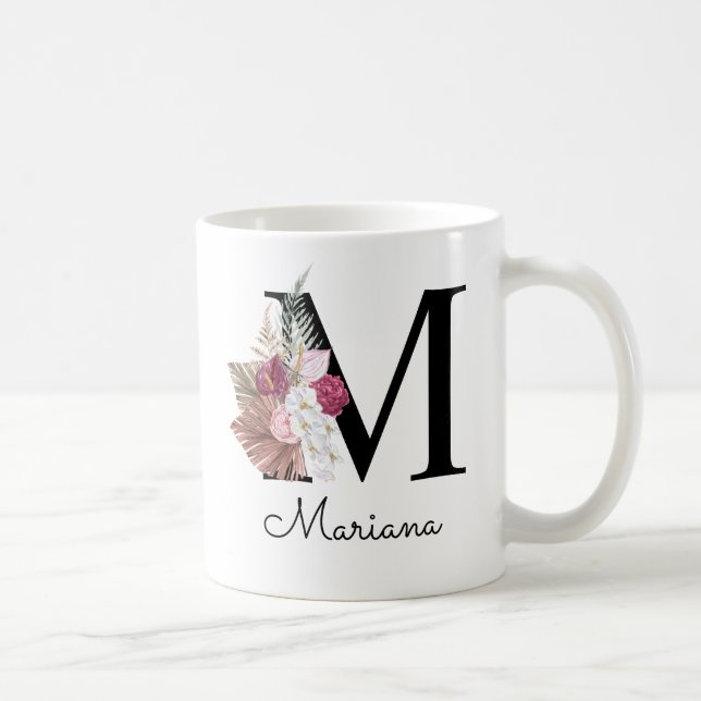 Monogram rosa Boho flickaktig blommig initial M Kaffemugg (Höger)