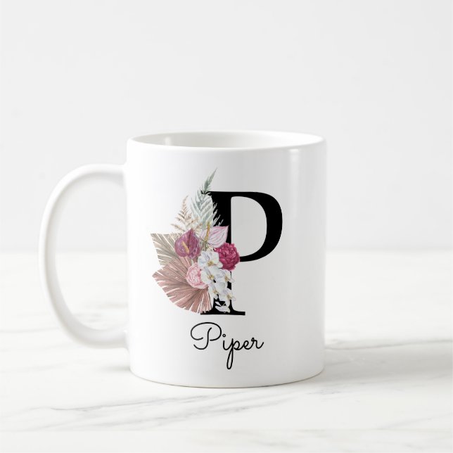 Monogram Rosa Boho Flickaktig Blommig Initial P Kaffemugg (Vänster)