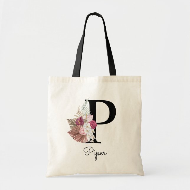 Monogram Rosa Boho Flickaktig Blommig Initial P Tygkasse (Framsidan)
