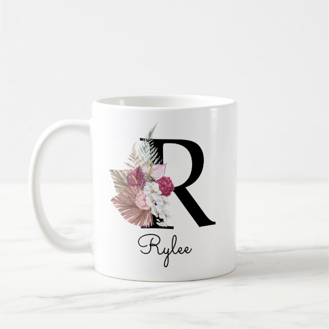 Monogram rosa Boho flickaktig blommig initial R Kaffemugg (Vänster)